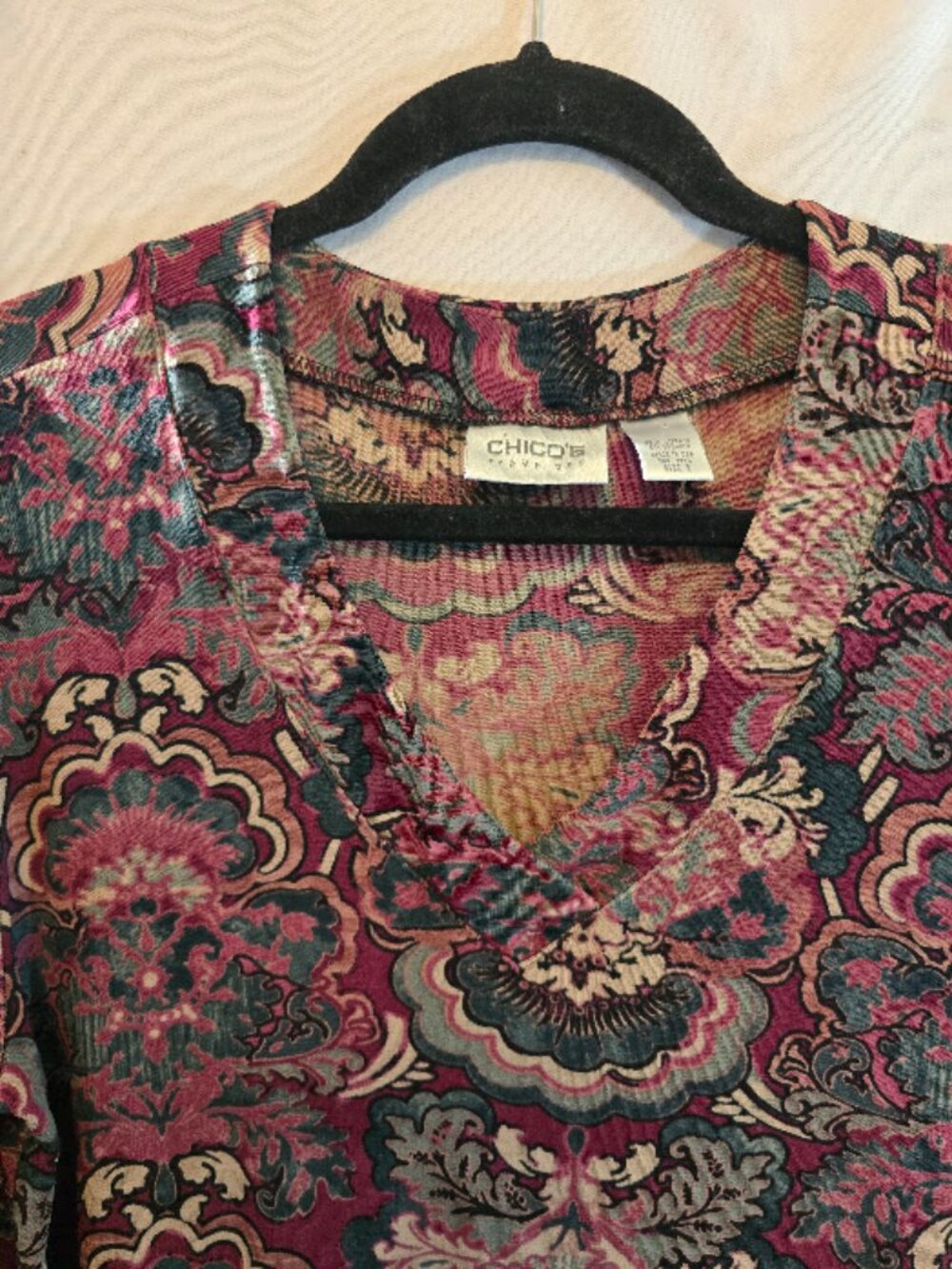 CHICOS TRAVELERS PAISLEY PRINT BURGUNDY BLACK 3/4 QUARTER SLEEVES SIZE 2 LARGE - Picture 3 of 7